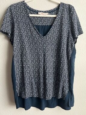 Tory Burch Navy and White Printed V-Neck Layered Blouse